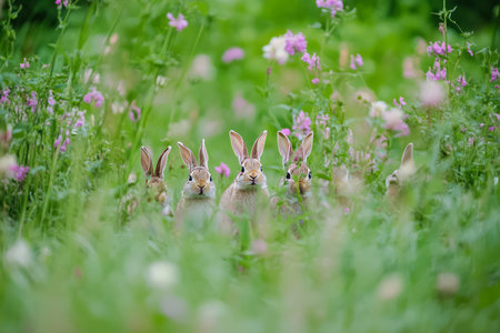A group of adorable Easter Bunnies playing hide-and-seek in a field of tall grass, with only their fluffy ears poking out above the flowers.の素材
