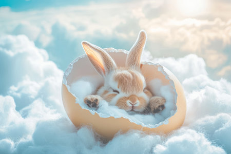 A cozy Easter Bunny curled up inside a giant Easter egg shell, peeking out sleepily as soft morning sunlight filters through fluffy clouds.の素材
