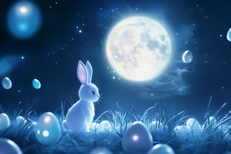 A glowing, otherworldly Easter Bunny standing under a full moon, surrounded by softly floating Easter eggs that emit a dreamy, ethereal glow.の素材