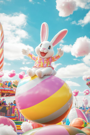 A delightful Easter Bunny bouncing on a giant inflatable Easter egg in a fun-filled carnival with cotton candy clouds.の素材