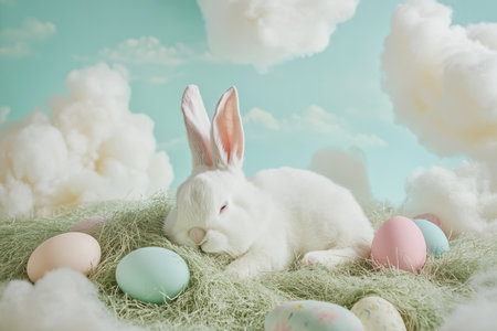 A dreamy Easter Bunny laying in a patch of soft grass, surrounded by pastel-colored Easter eggs and soft, cotton-like clouds floating by.の素材