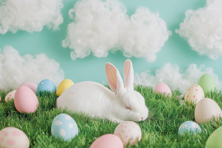 A dreamy Easter Bunny laying in a patch of soft grass, surrounded by pastel-colored Easter eggs and soft, cotton-like clouds floating by.の素材