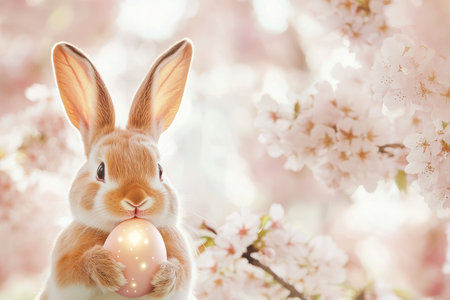 A dreamy, soft-focus close-up of an Easter Bunny holding a gently glowing Easter egg, with a blurred background of soft pink cherry blossoms.の素材