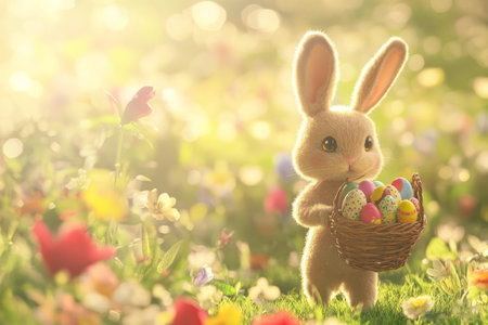A charming Easter Bunny holding a basket full of eggs, walking through a spring meadow dotted with colorful flowers and soft beams of sunlight.の素材