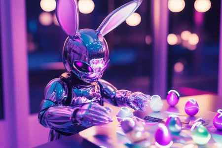A futuristic Easter Bunny made of sleek metallic material, carefully arranging holographic Easter eggs on a digital table with floating LED decorations.の素材