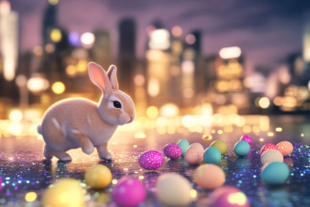 A modern, sleek Easter Bunny hopping along a glowing path, with pastel-colored eggs scattered along the ground and a vibrant city skyline in the background.の素材
