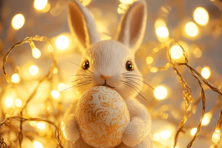 A charming Easter Bunny surrounded by twinkling fairy lights, holding an intricately painted Easter egg with tiny golden details.の素材