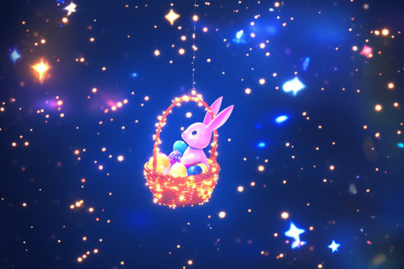 A cosmic Easter Bunny floating through space, carrying a basket filled with glowing celestial Easter eggs, surrounded by twinkling stars.の素材