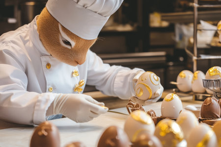 A delightful Easter Bunny chef in a cozy bakery, skillfully decorating chocolate Easter eggs with delicate swirls and gold foil embellishments.の素材