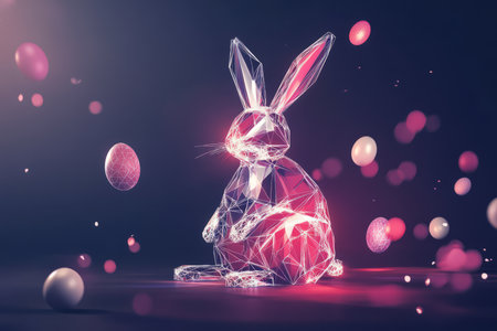A modern, sleek Easter Bunny made of geometric shapes, with glowing patterns and radiant Easter eggs scattered in the air around it.の素材