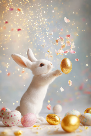 A charming Easter Bunny blowing a handful of pastel-colored flower petals into the air, as golden Easter eggs sparkle gently around it.の素材