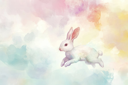 A beautiful Easter Bunny painted in a watercolor style, hopping through a dreamy abstract background with softly blended pastel tones.の素材