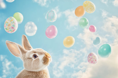 A dreamy Easter Bunny gazing at the sky, where colorful Easter eggs float like balloons, creating a whimsical and magical atmosphere.の素材