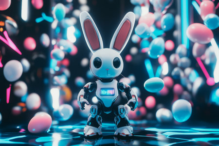 A futuristic Easter Bunny with sleek robotic features, standing in a techy world where digital Easter eggs float in mid-air.の素材
