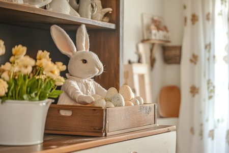 A cozy farmhouse kitchen where an Easter Bunny is carefully placing freshly painted Easter eggs into rustic wooden crates.の素材