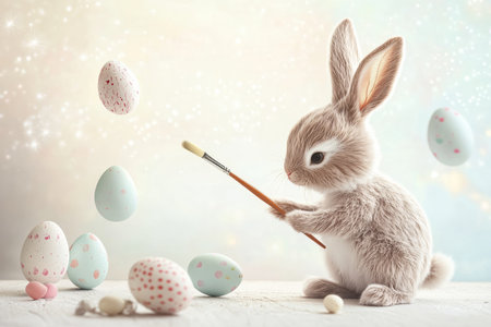 A delicate Easter Bunny creating artistic egg designs with an ethereal paintbrush, as the pastel eggs float gently in the air around it.の素材