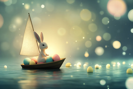 A joyful Easter Bunny on a tiny sailboat, floating across a shimmering lake filled with floating, glowing Easter eggs.の素材