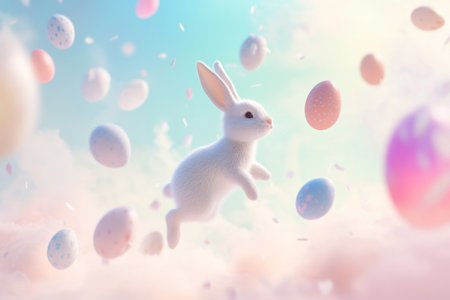 A dreamy Easter Bunny hopping through a pastel-hued sky, with glowing Easter eggs floating around, creating a peaceful, magical atmosphere.の素材