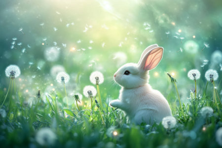 A dreamy Easter Bunny relaxing in a lush meadow filled with dandelions, watching as the wind carries tiny glowing Easter eggs into the sky.の素材