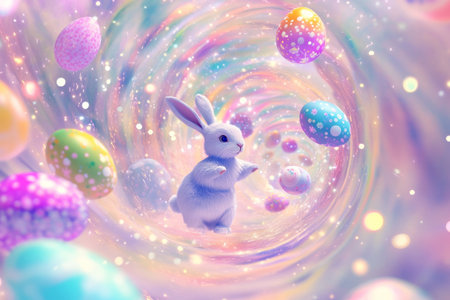 A magical Easter Bunny appearing through a sparkling portal, bringing a wave of floating Easter eggs that swirl around in a mesmerizing dance of color.の素材
