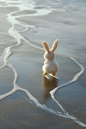 A cute Easter Bunny ice-skating on a frozen pond, leaving behind trails shaped like delicate Easter egg patterns.の素材