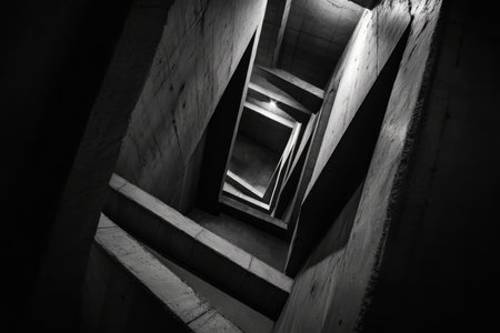 A mysterious brutalist maze, where towering concrete walls create narrow corridors with eerie, dim lighting casting unsettling shadows.の素材