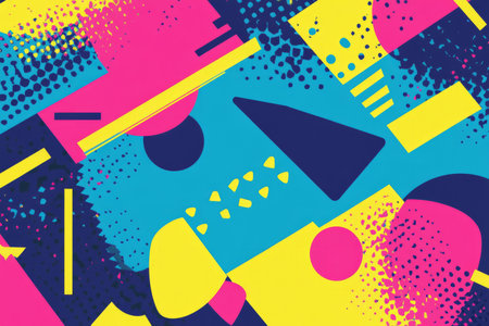 90s inspired background with bold punchy text, abstract geometric shapes, and a vibrant color palette featuring blue, pink, lime green, and yellow hues, creating an energetic and nostalgic atmosphere for a modern design projectの素材