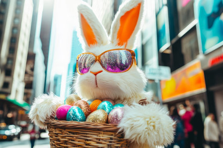 A chic Easter Bunny with oversized sunglasses, carrying a basket of glittering eggs, as it strolls along a vibrant city street.の素材
