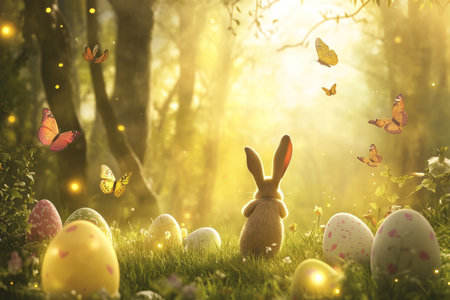 A cheerful Easter Bunny hopping through a magical forest filled with giant, glowing Easter eggs, as butterflies dance around in the golden sunlight.の素材