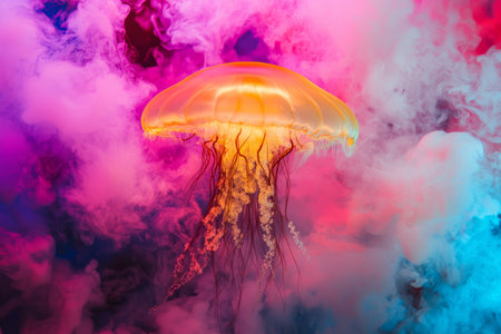 A floating cosmic jellyfish-like structure emitting radiant neon light in an abstract, ethereal dreamscape.の素材