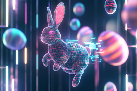 A futuristic Easter Bunny with glowing patterns, hopping through a digital world where Easter eggs rotate in mid-air.の素材