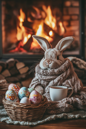 A cozy Easter Bunny wrapped in a soft knitted scarf, sitting in front of a fireplace with a cup of tea and a basket of decorated eggs.の素材
