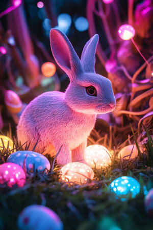 A magical Easter Bunny standing in a field of bioluminescent mushrooms, with glowing Easter eggs scattered among the grass.の素材