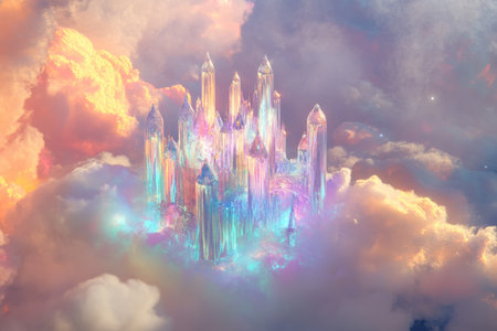 A floating castle built from iridescent glass, suspended among swirling clouds, reflecting cosmic colors and illuminated by an unseen light source.の素材