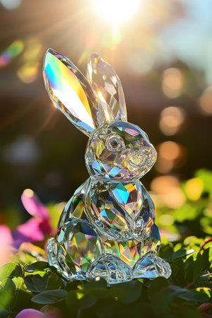 A delicate Easter Bunny carved out of crystal, refracting rainbow colors as sunlight passes through its intricate design.の素材