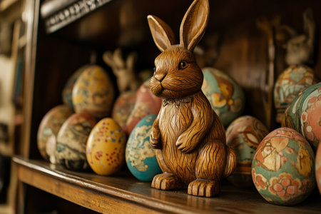 A detailed Easter Bunny sculpted out of intricate wood carvings, standing on a shelf surrounded by painted eggs.の素材