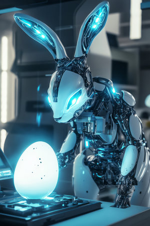 A cybernetic Easter Bunny with mechanical ears and LED eyes, scanning a digital Easter egg while standing in a futuristic laboratory.の素材