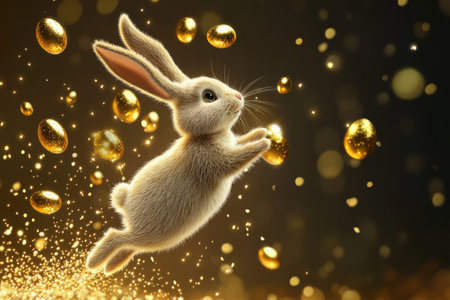 A magical Easter Bunny floating in mid-air with a trail of sparkling golden eggs drifting behind it.の素材