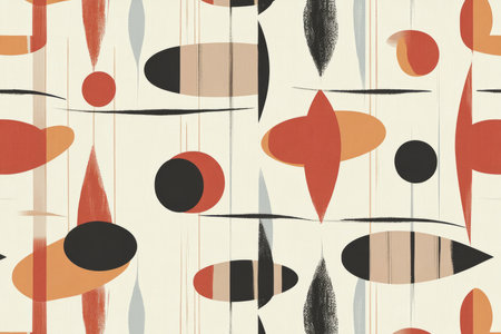 A mid-century modern pattern with stylish atomic shapes, warm muted tones, and clean, retro-futuristic geometry.の素材