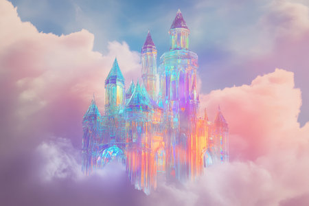 A floating castle built from iridescent glass, suspended among swirling clouds, reflecting cosmic colors and illuminated by an unseen light source.の素材
