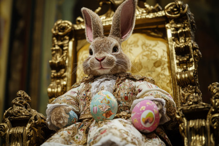 A majestic Easter Bunny sitting on a golden throne, wearing a royal robe adorned with embroidered Easter egg motifs.の素材