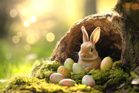 A cozy Easter Bunny sitting inside a hollowed-out tree trunk, surrounded by soft moss and hand-painted Easter eggs, with golden sunlight filtering through.の素材