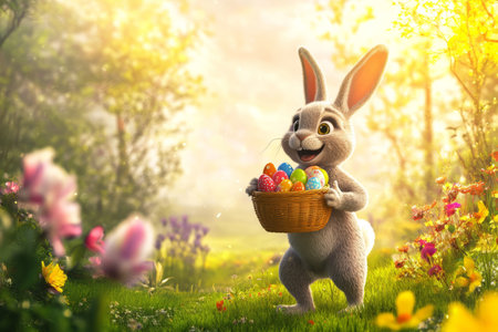 A joyful Easter Bunny holding a basket of colorful eggs while hopping through a vibrant, whimsical forest with bright flowers and soft sunlight shining through.の素材