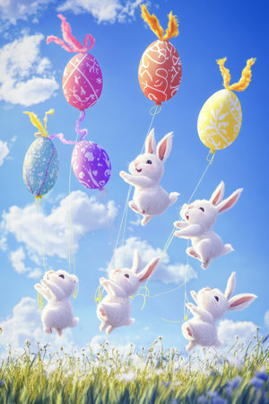 A group of cheerful Easter Bunnies flying colorful kites shaped like Easter eggs, their fluffy tails swaying in the warm spring breeze.の素材