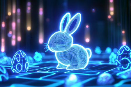 A glowing neon Easter Bunny outlined in electric blue, hopping through a futuristic cyber landscape filled with pulsating digital Easter eggs.の素材