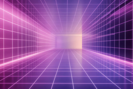 A high-tech abstract background with glowing wireframes, soft vaporwave gradients, and an immersive 3D effect.の素材