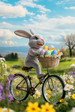A joyful Easter Bunny riding a bicycle with a basket full of colorful Easter eggs, pedaling through a scenic countryside covered in wildflowers.の素材