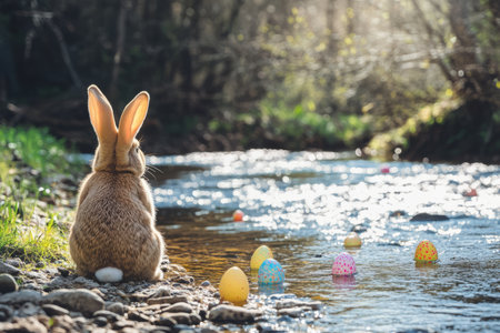 A gentle Easter Bunny sitting beside a clear blue stream, watching as tiny Easter eggs float downstream like colorful boats in the sunlight.の素材