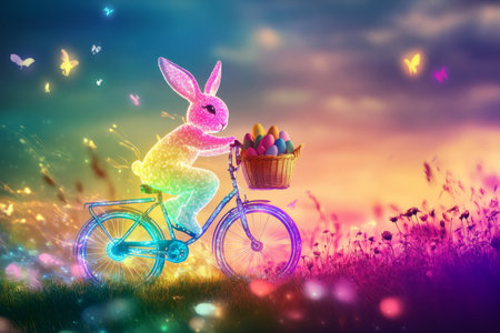 A glowing Easter Bunny riding a rainbow-colored bicycle, with a basket of eggs hanging from the handlebars, riding through a beautiful spring field.の素材
