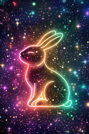 A minimalist Easter Bunny silhouette crafted from glowing neon lines, set against a dark cosmic background filled with tiny sparkling stars.の素材